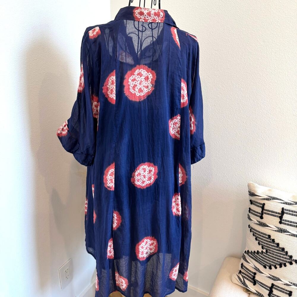 Boutique Navy Floral Tie Dye Sheer 3/4 Sleeve Cover Up Tunic Shirt Mini Dress OS - Picture 3 of 9